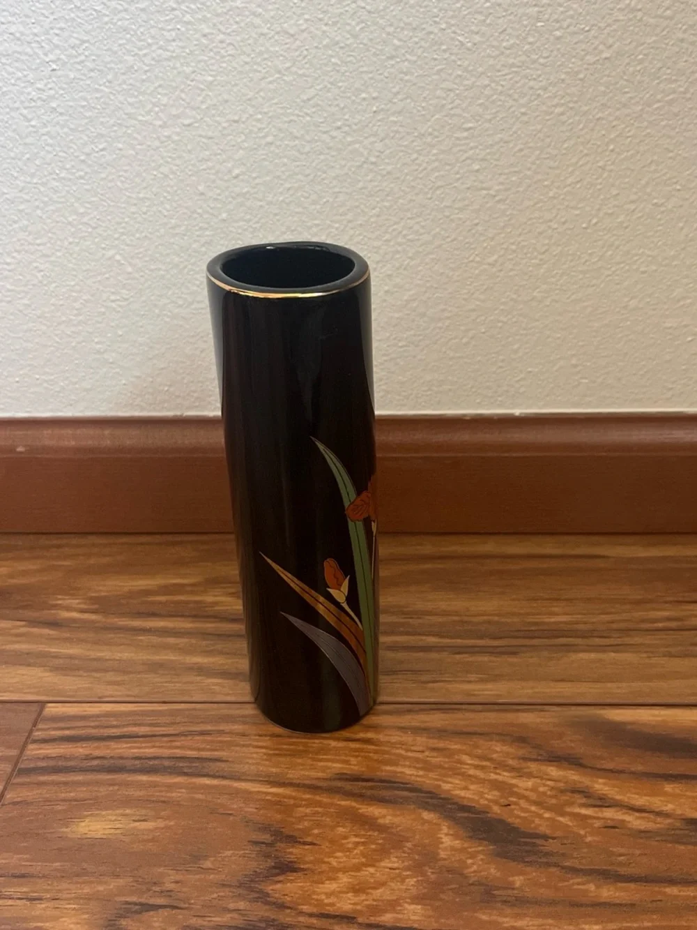 Otagiri Black Cylinder Vase with Orange and White Floral Motif (made in Japan)